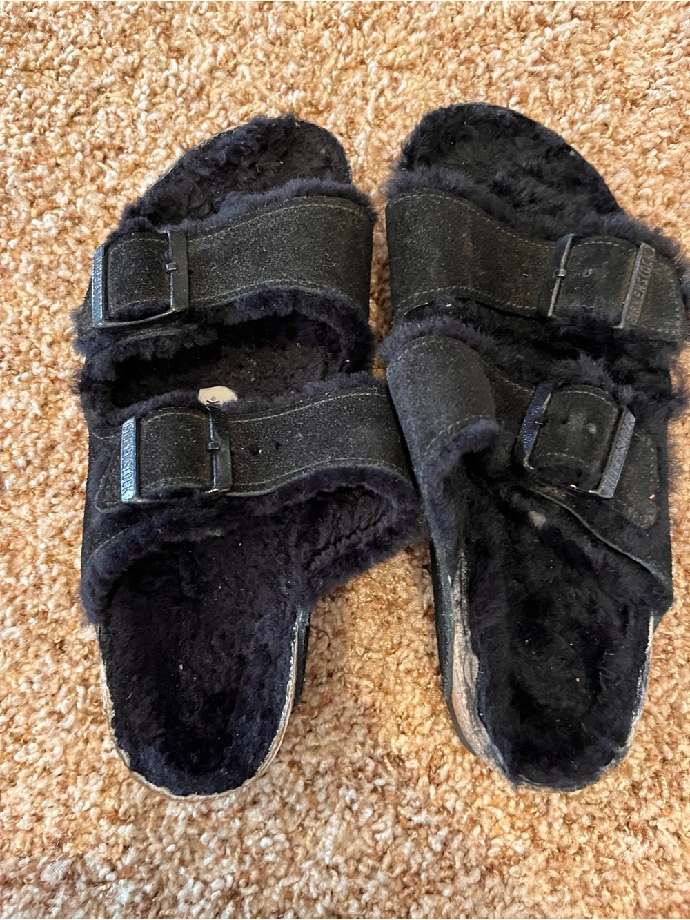 Birkenstock women’s Black Furry Double‑Strap Slide Sandals